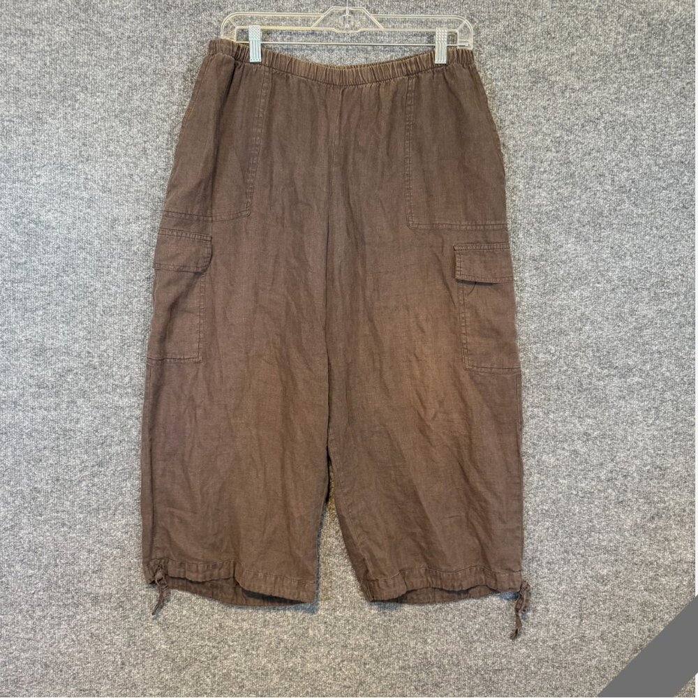 Flax Pants Womens Medium Brown Linen Crop Artsy Stretch Waist Pull On Parachute